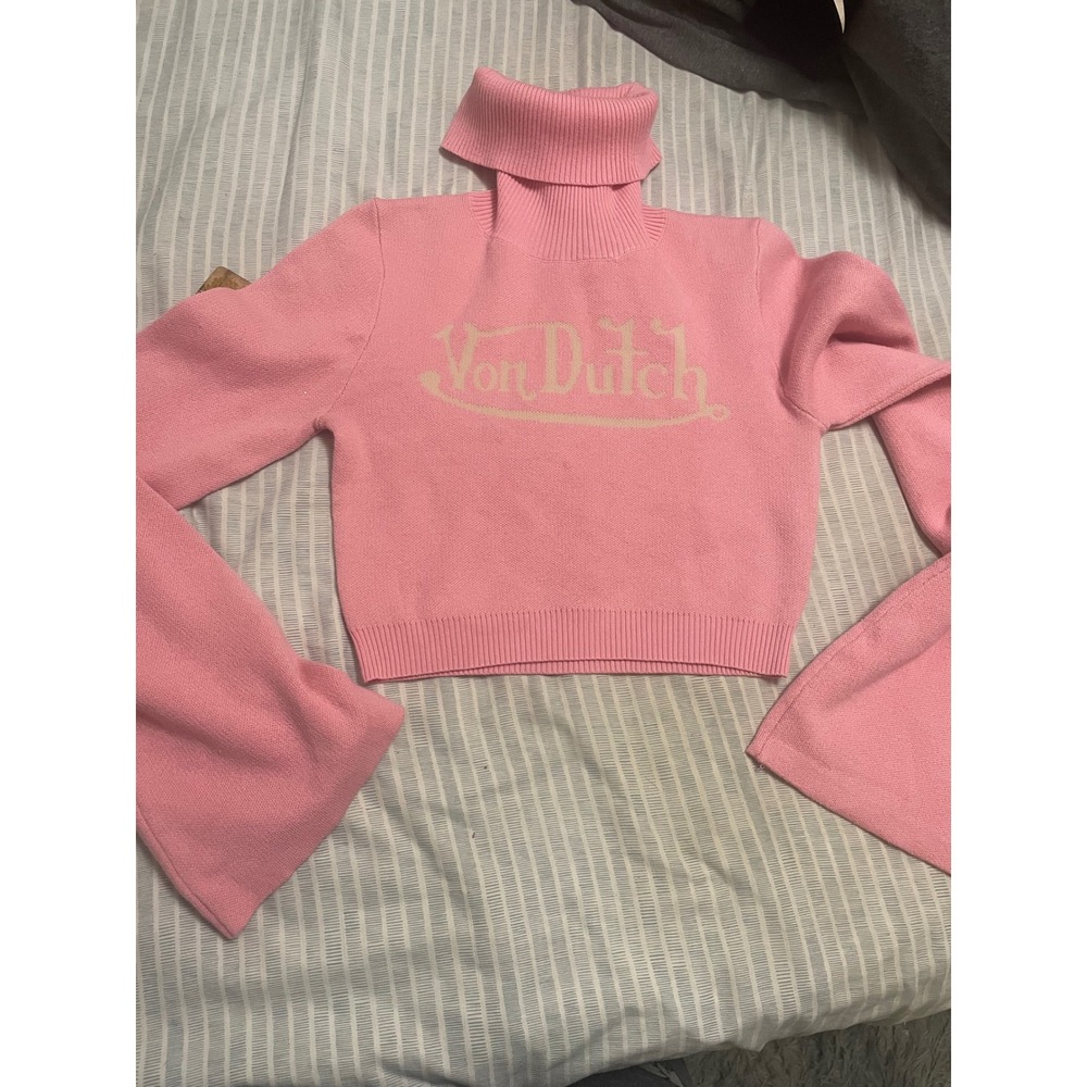 Von Dutch Pink Cropped Turtleneck Bell Sleeve Logo Sweater Y2K Medium